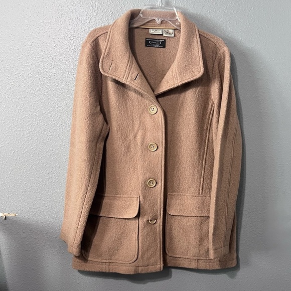 LL Bean Bellandi 100% Wool Coat Womens Sz XL Tan Mid Length Jacket Italy Vintage - Picture 2 of 6